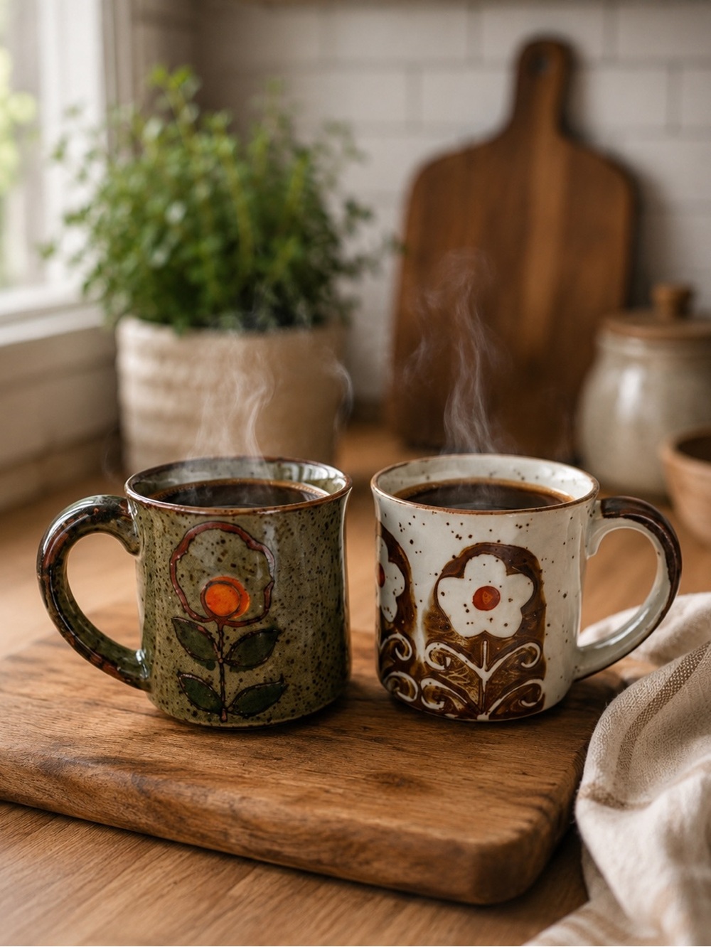 Vintage Floral Stoneware Speckled Mugs - Green & Cream Set